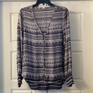 Veronica beard Bahia silk button down tunic Prussian blue multi shape top